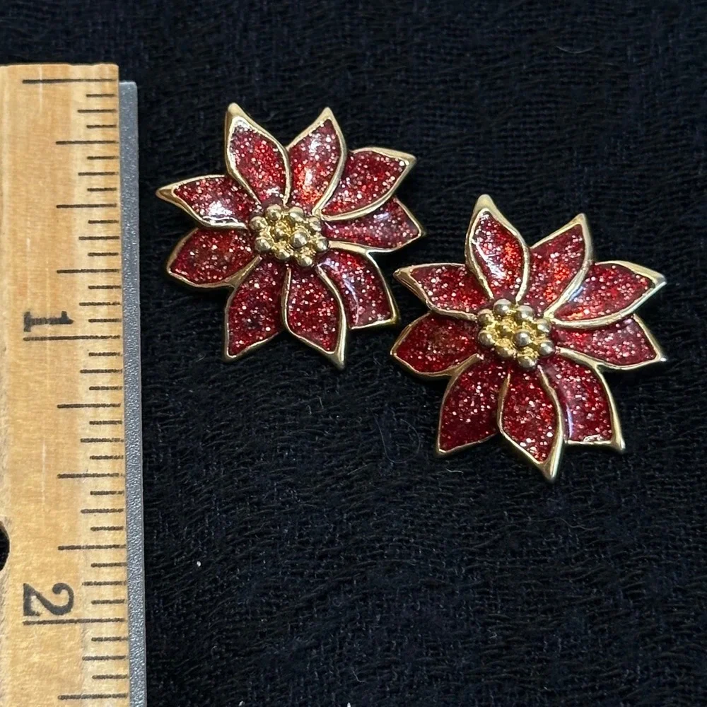 Vintage Avon of Belleville Red Poinsettia Stud Earrings Glitter Enamel Christmas